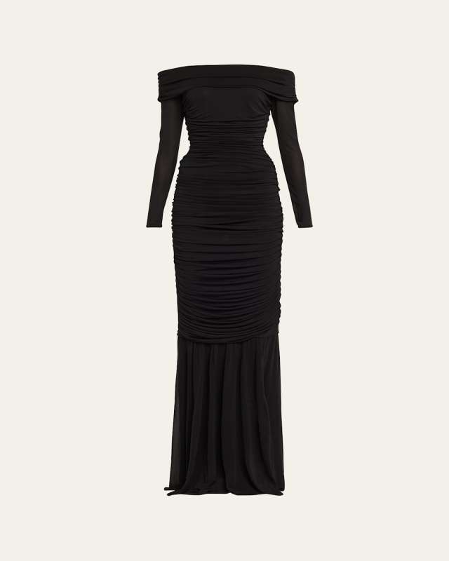 Delphina Ruched Off-Shoulder Column Gown